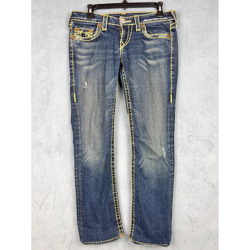 True Religion Joey Super T Low Rise Straight Leg Jeans Blue Yellow Stitch 28